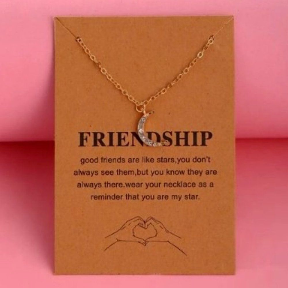 GOLD PLATED DIAMOND FRIENDSHIP MOON PENDANT NECKLACE WITH INSPIRATIONAL CARD